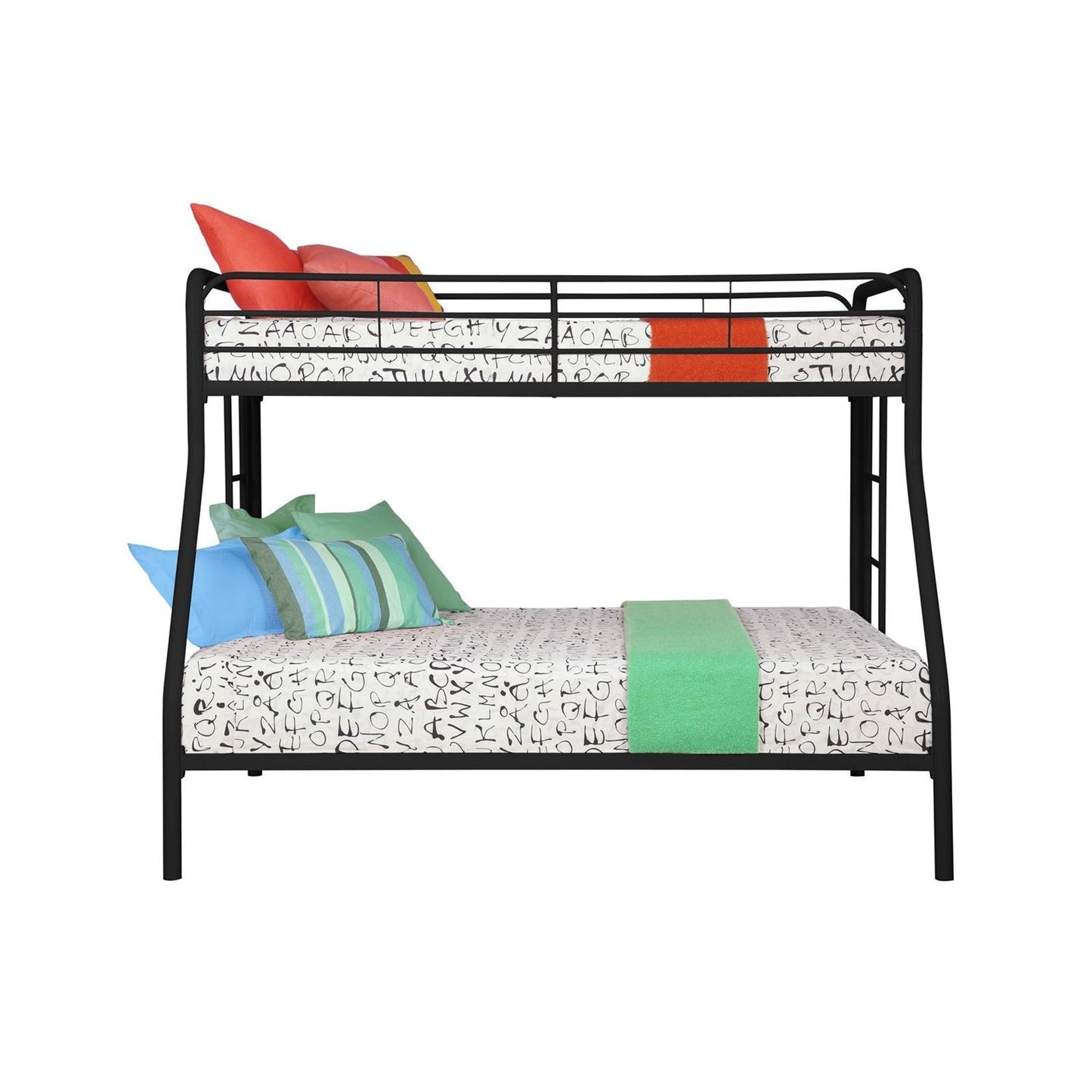 Bunk bed with colorful bedding on a white background