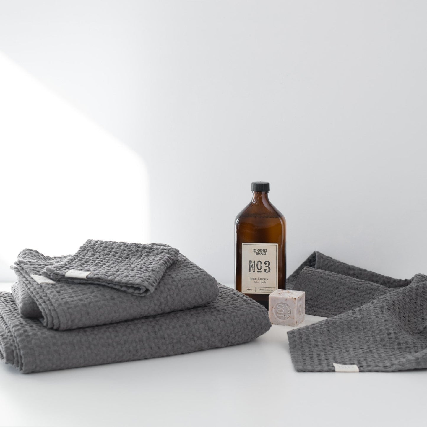 Linen Tales Dark Grey Linen & Cotton Honeycomb Waffle Towel Set