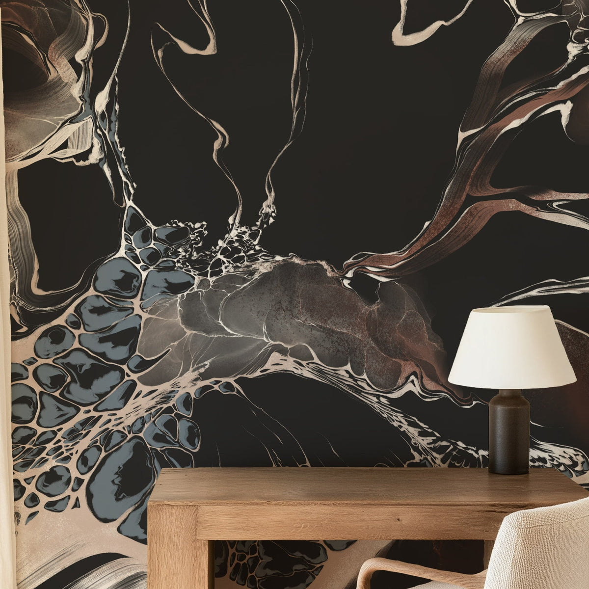 Bespoke Black Marble Wall Mural - Modern Fluid Art Wallpaper