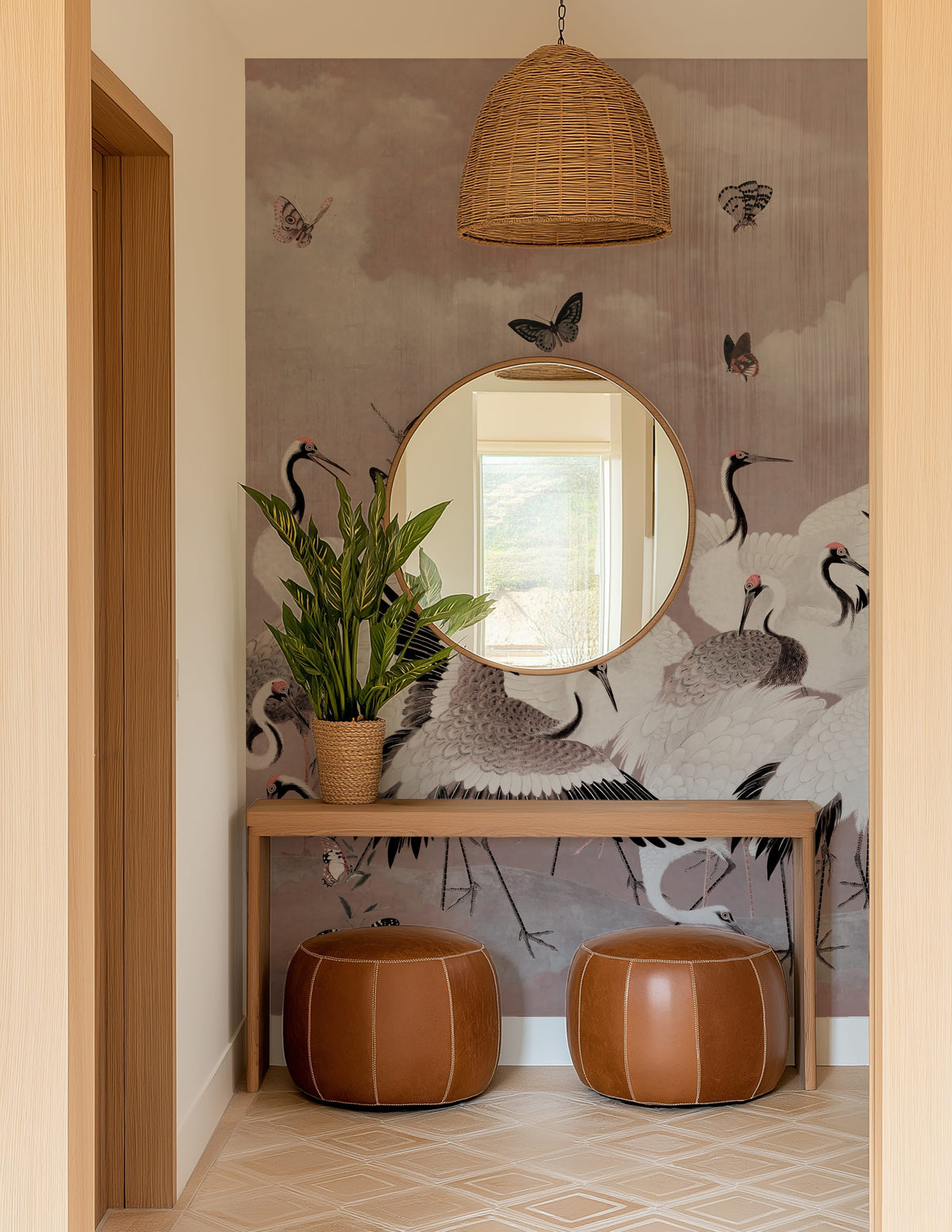 Blush Pink Japanese Chinoiserie Cranes Wall Mural