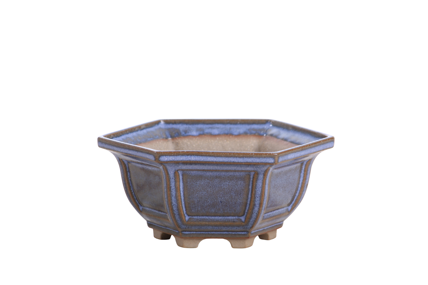 Willow Bonsai Ceramics Hexagonal Windowed Bonsai Pot 5 Inch – Semi‑Cascade Planter, High‑Fired Frost‑Proof Stoneware with Drainage & Wiring Holes, Handmade in USA (Denim)
