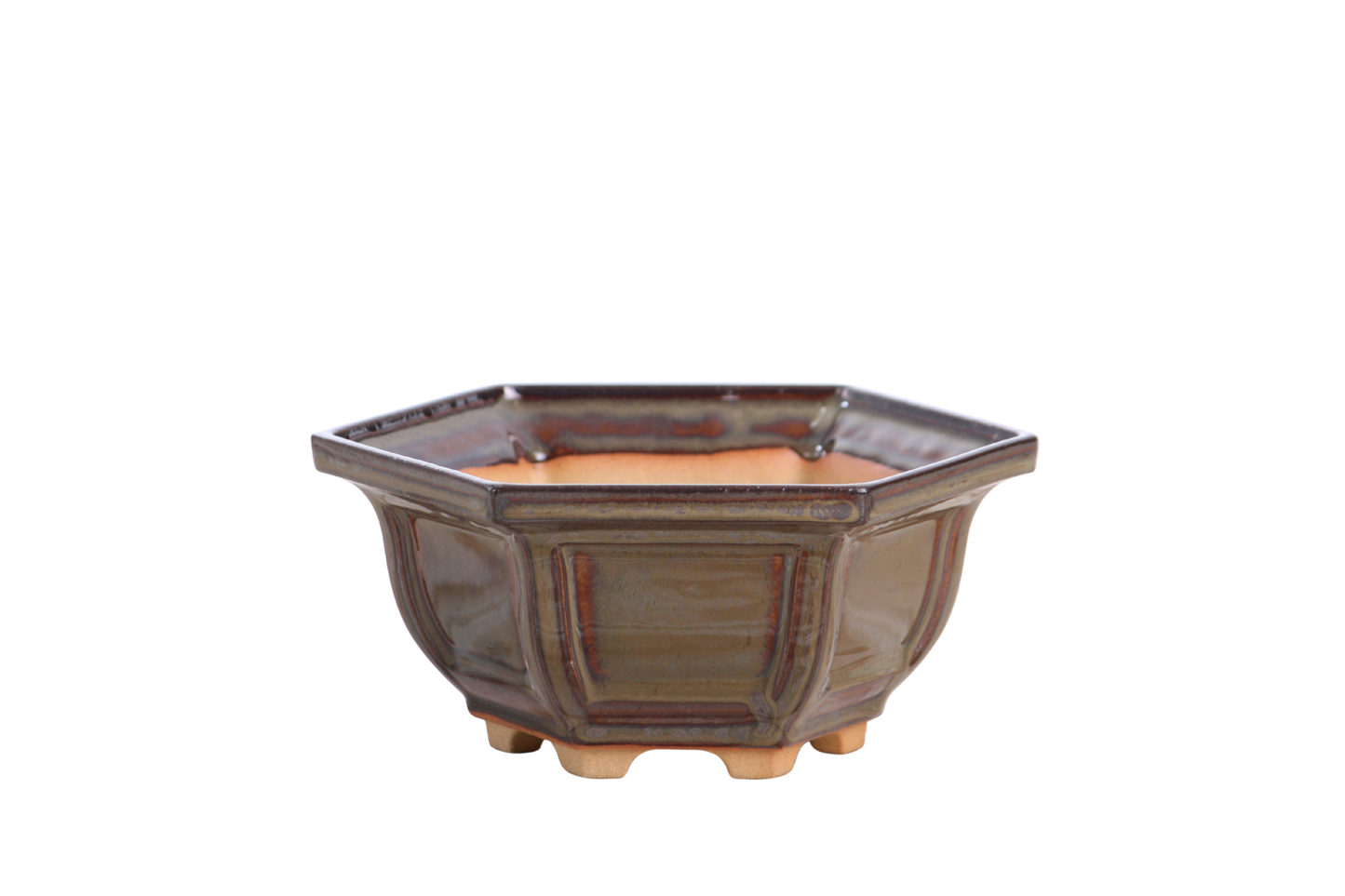 Willow Bonsai Ceramics Hexagonal Windowed Bonsai Pot 5 Inch – Semi‑Cascade Planter, High‑Fired Frost‑Proof Stoneware with Drainage & Wiring Holes, Handmade in USA (Dark Honey)