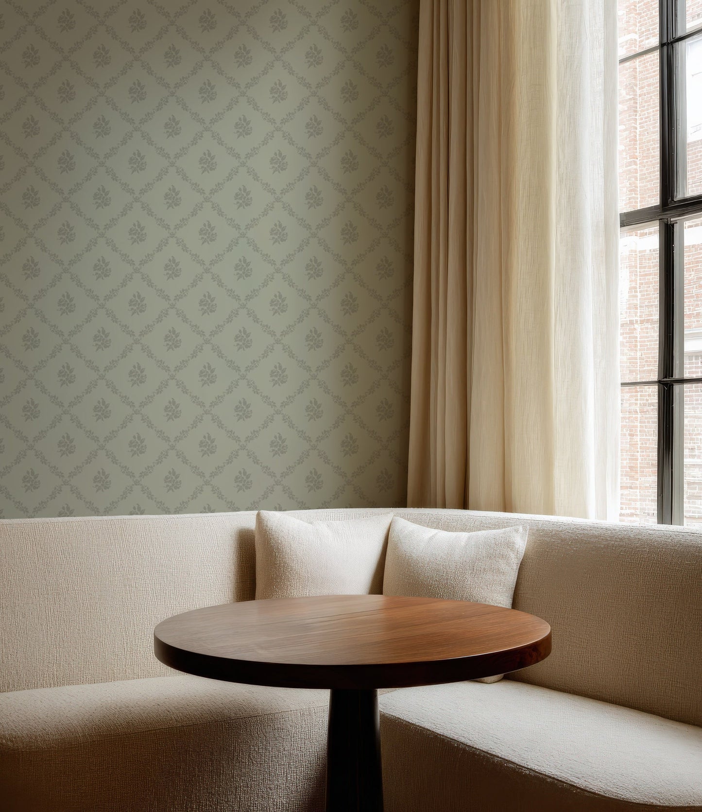Della Sage Green Wallpaper | Vintage Floral Diamond Lattice