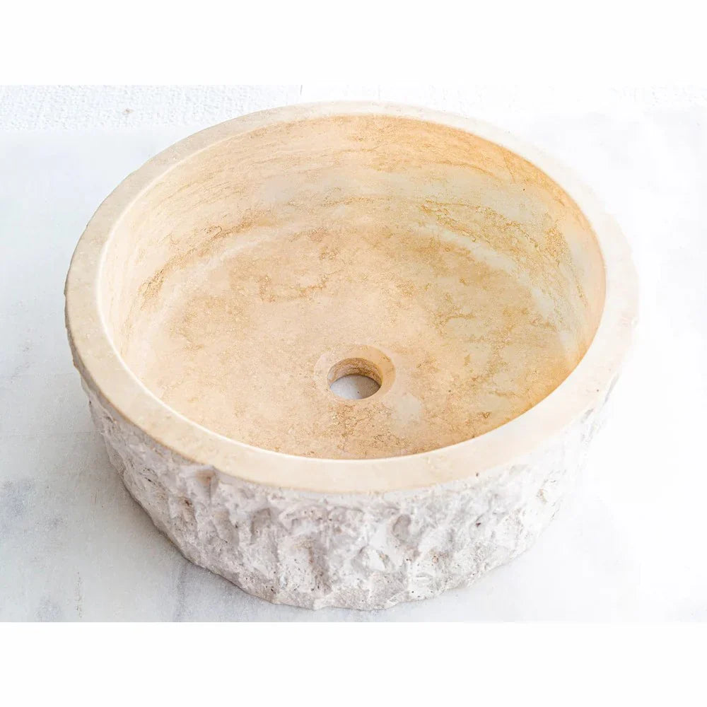Denizli Beige Travertine Rustic Stone Round Above Vanity Bathroom Sink (D)16" (H)6"