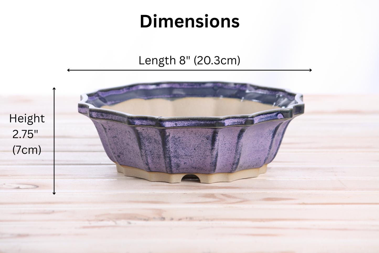Willow Bonsai Ceramics Flower Design Bonsai Pot 8 Inch – Elegant Ceramic Bonsai & Succulent Planter, High‑Fired Frost‑Proof Stoneware with Drainage & Wiring Holes, Handmade in USA (Purple)