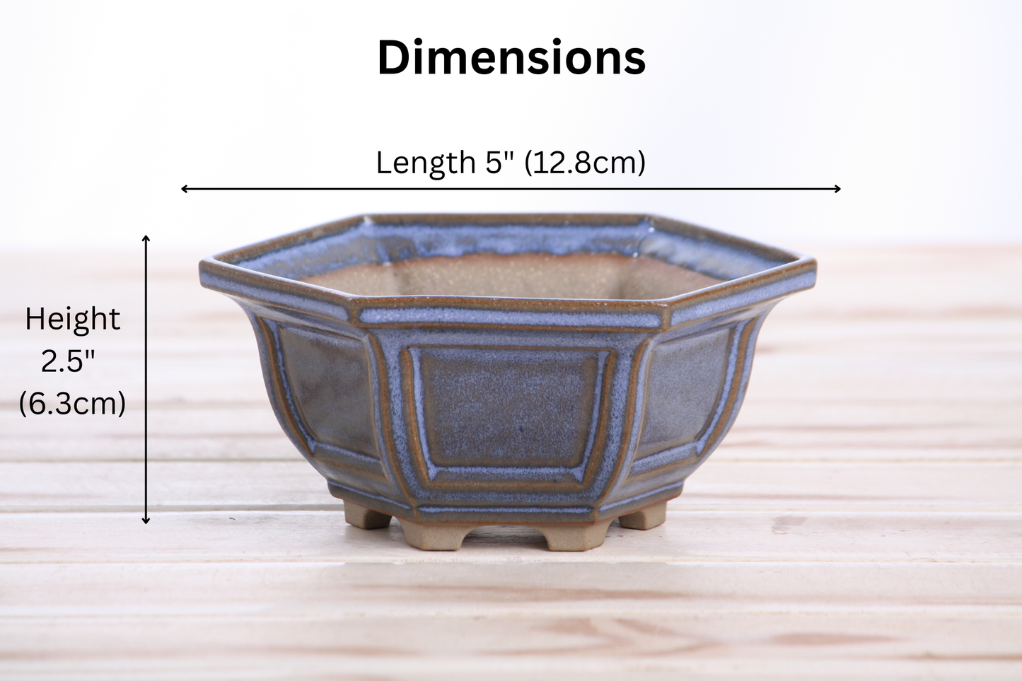 Willow Bonsai Ceramics Hexagonal Windowed Bonsai Pot 5 Inch – Semi‑Cascade Planter, High‑Fired Frost‑Proof Stoneware with Drainage & Wiring Holes, Handmade in USA (Denim)