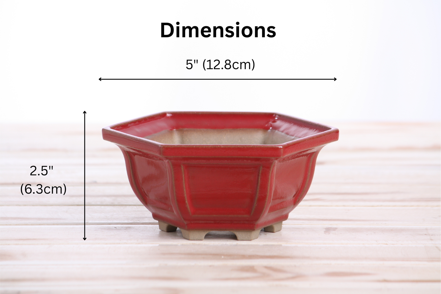 Willow Bonsai Ceramics Hexagonal Windowed Bonsai Pot 5 Inch – Semi‑Cascade Planter, High‑Fired Frost‑Proof Stoneware with Drainage & Wiring Holes, Handmade in USA (Red)