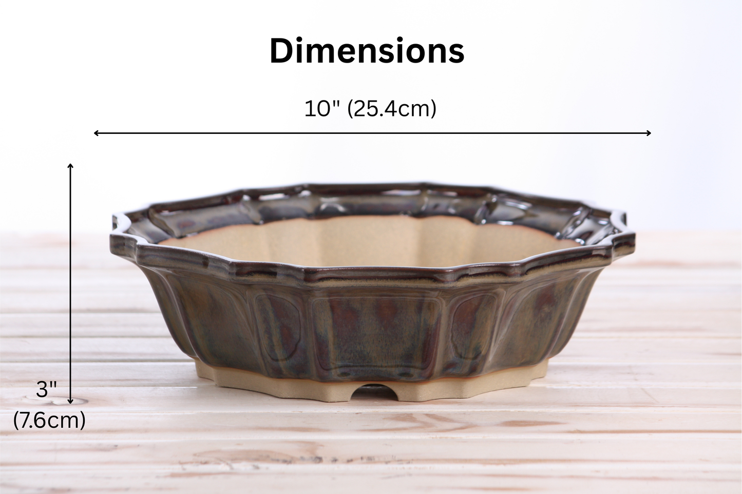 Willow Bonsai Ceramics Flower Design Bonsai Pot 10 Inch – Elegant Ceramic Bonsai & Succulent Planter, High‑Fired Frost‑Proof Stoneware with Drainage & Wiring Holes, Handmade in USA (Dark Honey)
