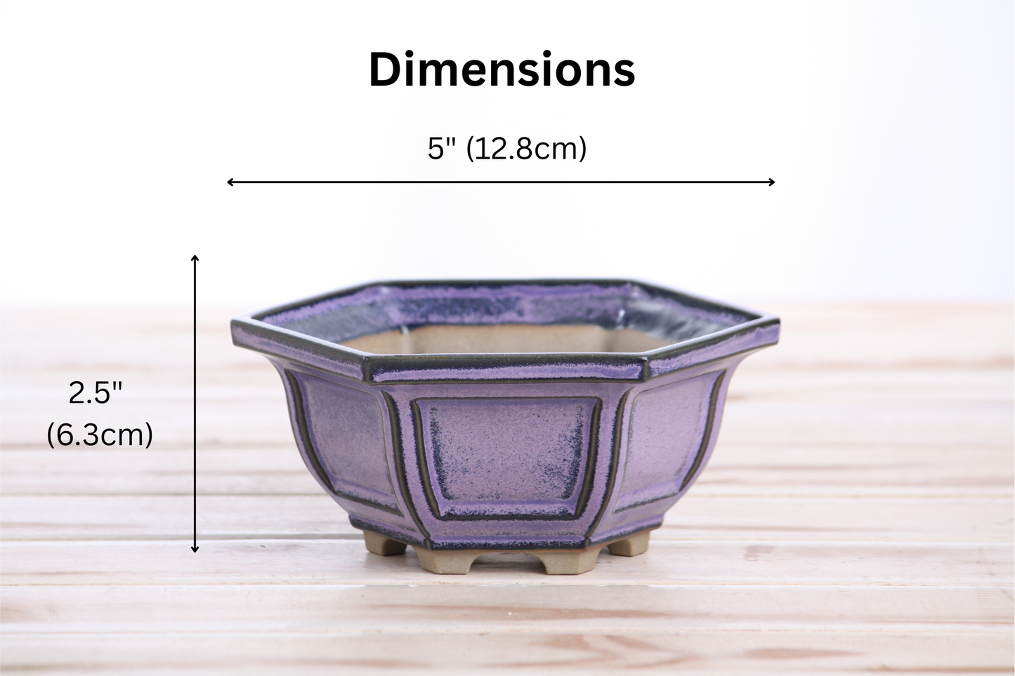 Willow Bonsai Ceramics Hexagonal Windowed Bonsai Pot 5 Inch – Semi‑Cascade Planter, High‑Fired Frost‑Proof Stoneware with Drainage & Wiring Holes, Handmade in USA (Purple)