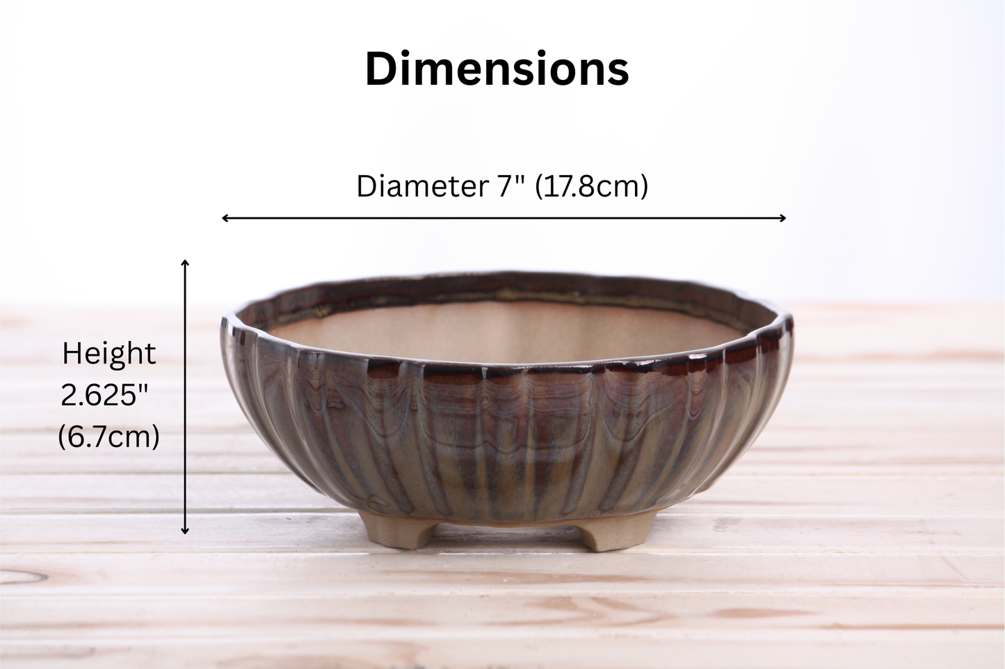 Willow Bonsai Ceramics Lily Bonsai Pot 7 Inch – Sculpted Rounded Ceramic Bonsai & Succulent Planter with Wavy Profile, High‑Fired Frost‑Proof Stoneware, Handmade in USA (Dark Honey)