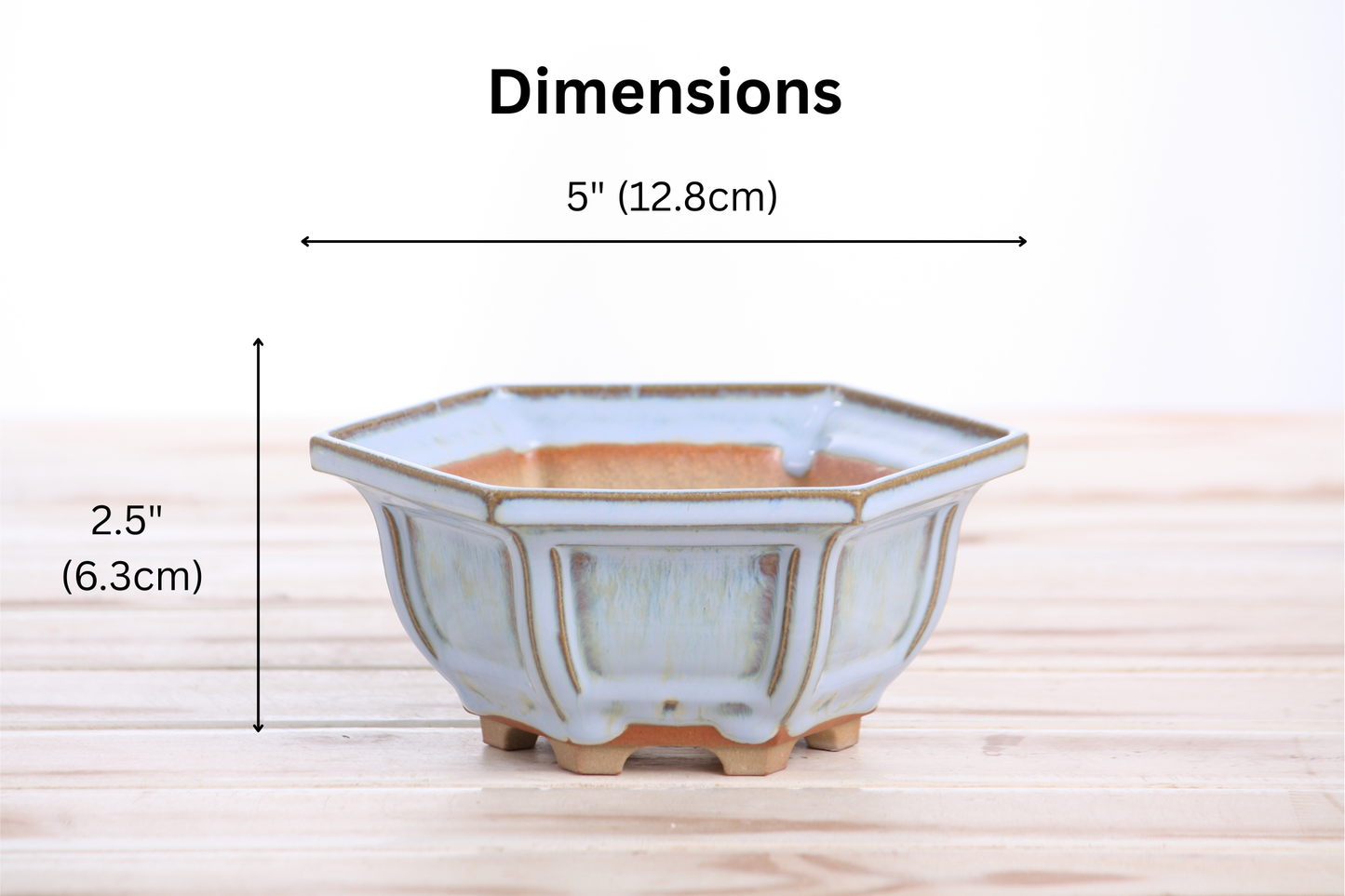 Willow Bonsai Ceramics Hexagonal Windowed Bonsai Pot 5 Inch – Semi‑Cascade Planter, High‑Fired Frost‑Proof Stoneware with Drainage & Wiring Holes, Handmade in USA (Glacier)