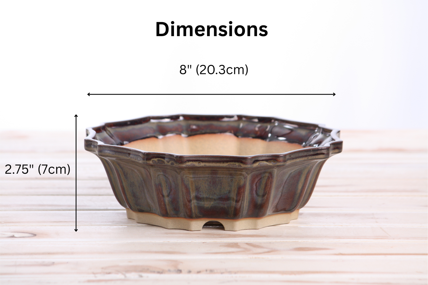Willow Bonsai Ceramics Flower Design Bonsai Pot 8 Inch – Elegant Ceramic Bonsai & Succulent Planter, High‑Fired Frost‑Proof Stoneware with Drainage & Wiring Holes, Handmade in USA (Dark Honey)