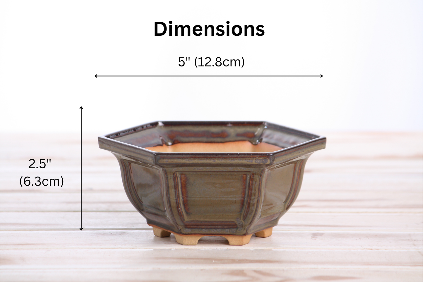 Willow Bonsai Ceramics Hexagonal Windowed Bonsai Pot 5 Inch – Semi‑Cascade Planter, High‑Fired Frost‑Proof Stoneware with Drainage & Wiring Holes, Handmade in USA (Dark Honey)