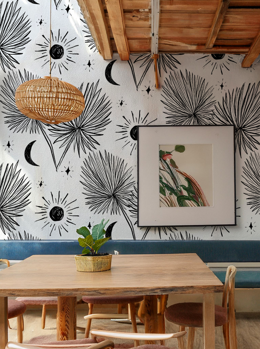 Night Palm Wallpaper, white and black