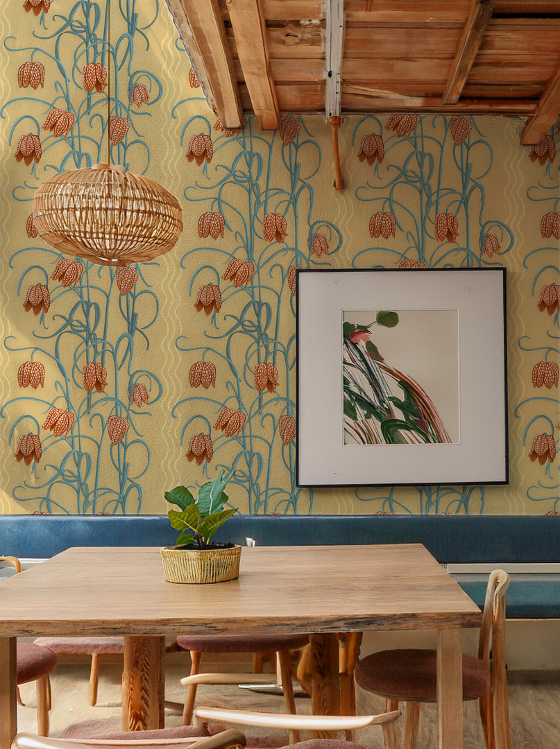 Campanas Wallpaper, butter yellow & slate blue