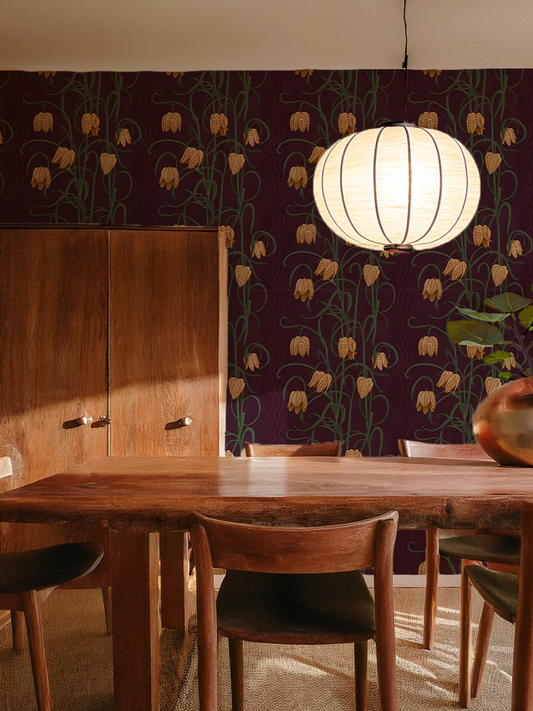 Campanas Wallpaper, eggplant and toffee