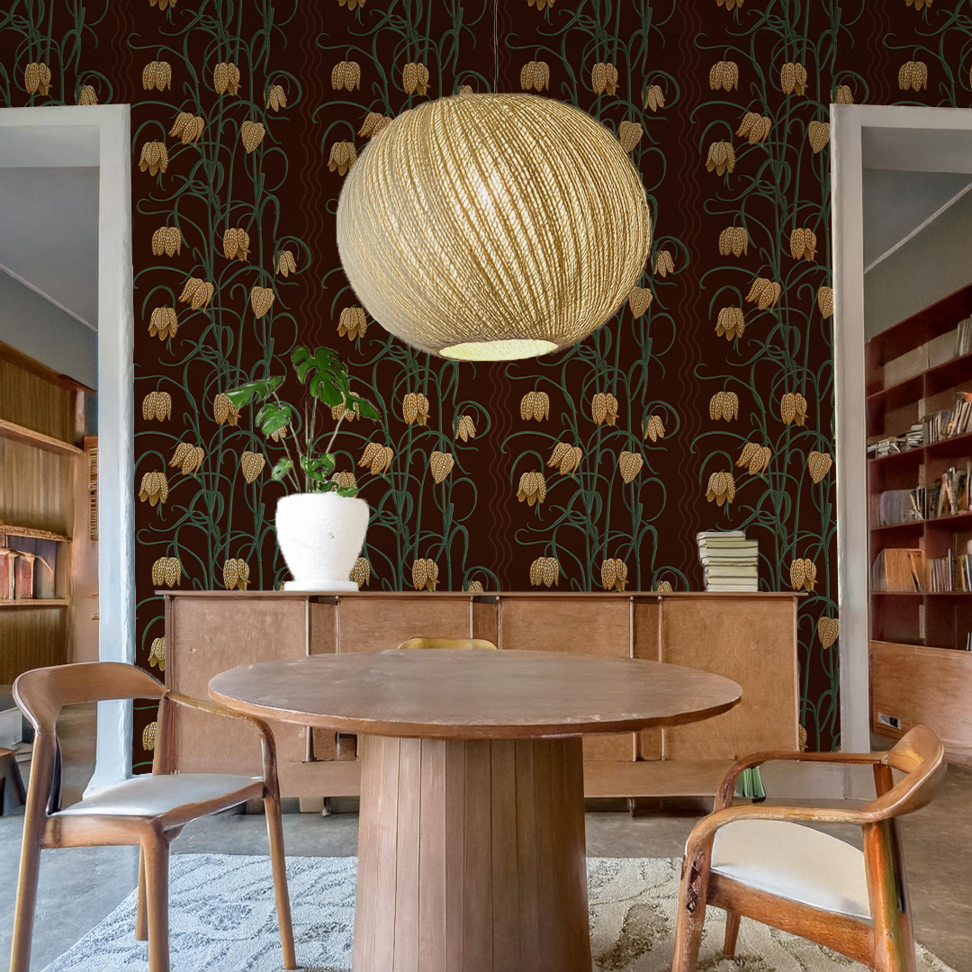 Campanas Wallpaper, chocolate and goldenrod