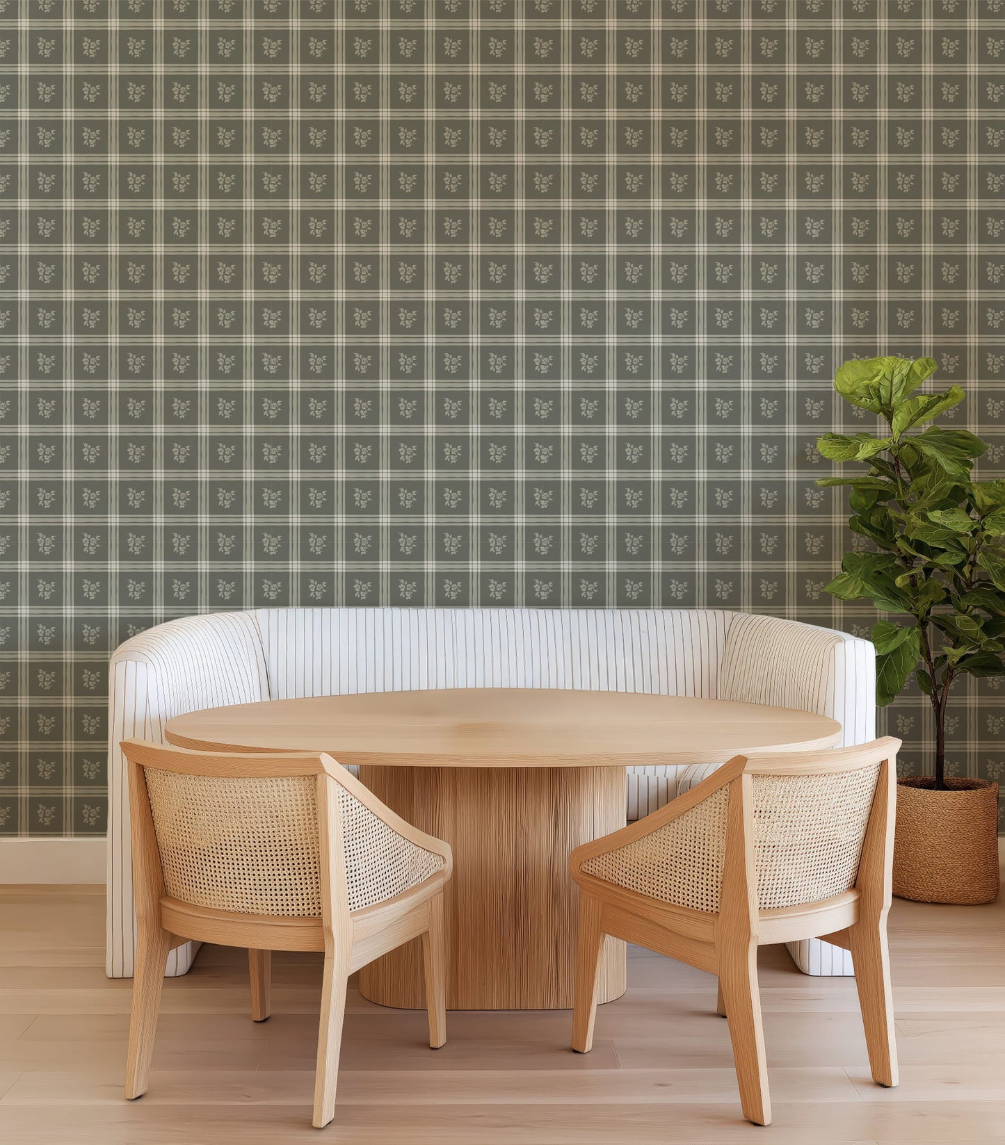 Millie Dark Green Wallpaper | Vintage Floral Windowpane Plaid