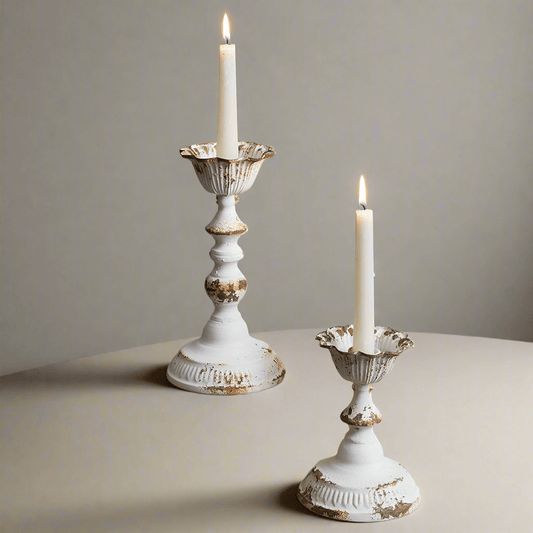 Distressed White Metal Taper Cottagecore Candle Holders (Set of 2)