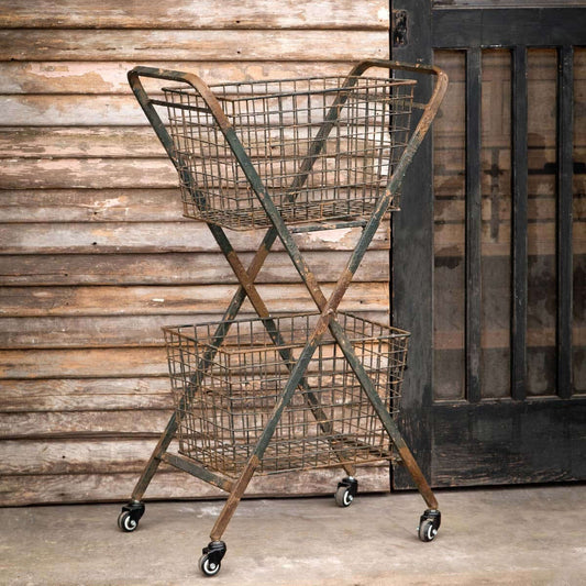 Rolling Metal Market Cart – Vintage Double Basket Farmhouse Storage