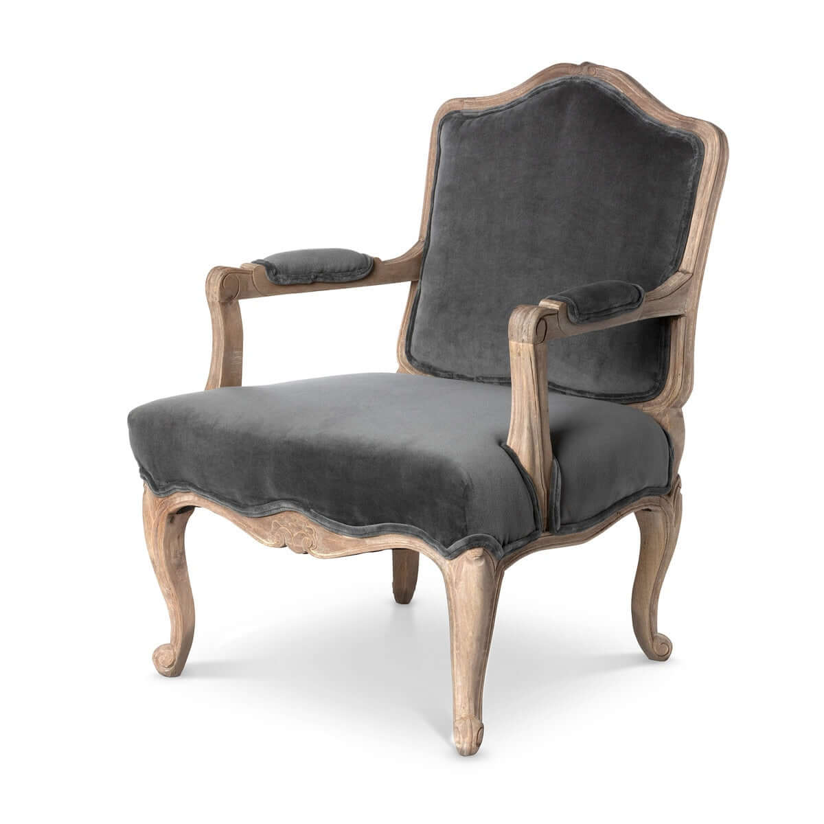 French Country Velvet Armchair with Carved Wood Frame