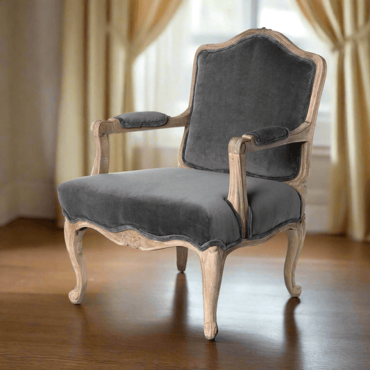 French Country Velvet Armchair with Carved Wood Frame