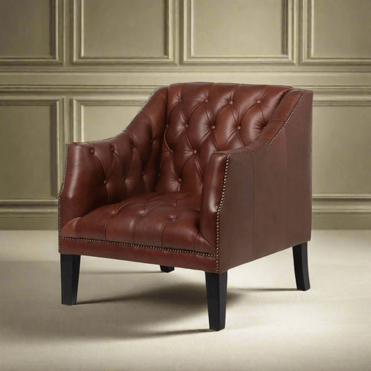 Tufted Leather Club Chair in Cordovan Brown with Nailhead Trim