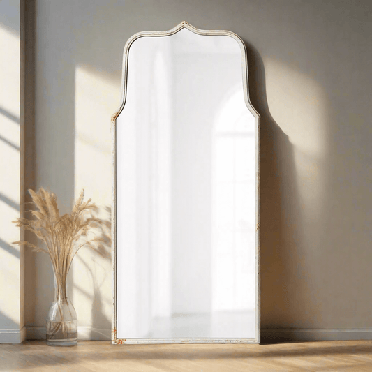 French Country Arch Mirror with Distressed White Frame