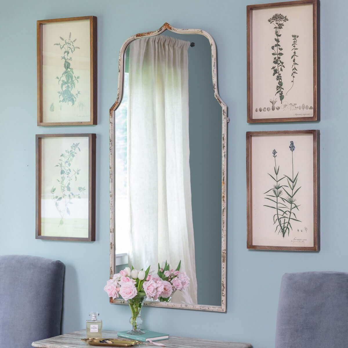 French Country Arch Mirror with Distressed White Frame