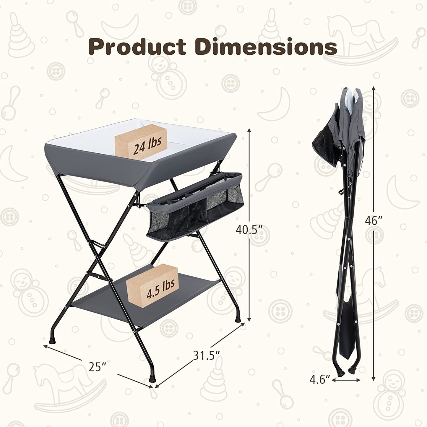 Grey Folding  Wide Nursery Diaper Baby Changing Table