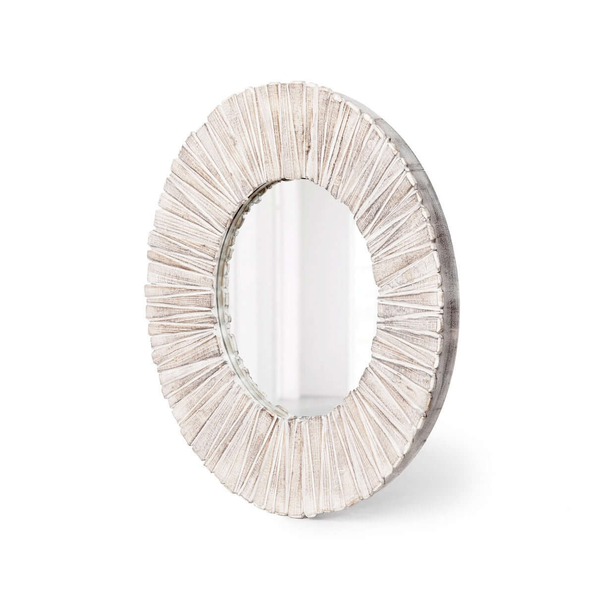 Whitewashed Wood Slat Round Wall Mirror