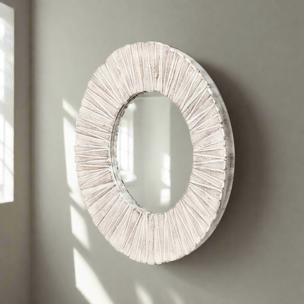 Whitewashed Wood Slat Round Wall Mirror