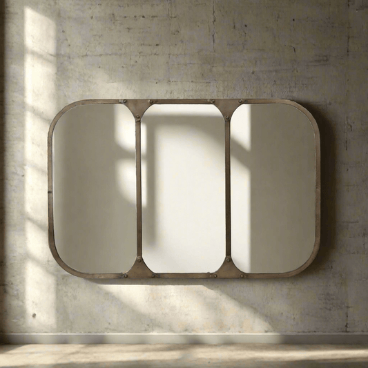 Vintage Industrial Wall Mirror with Aged Brass Metal Frame