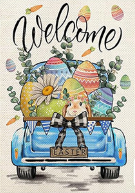 Welcome Garden Flags Truck Series of 12 featuring a blue truck decorated for Easter with eggs and flowers.