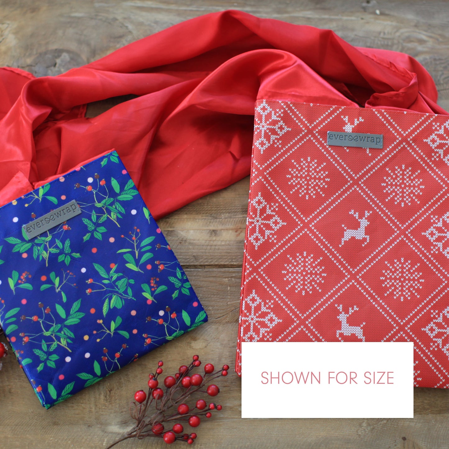 EverBag: Medium Holiday Red with Wintry Knitted Sweater Design and Red Satin Bow Closure