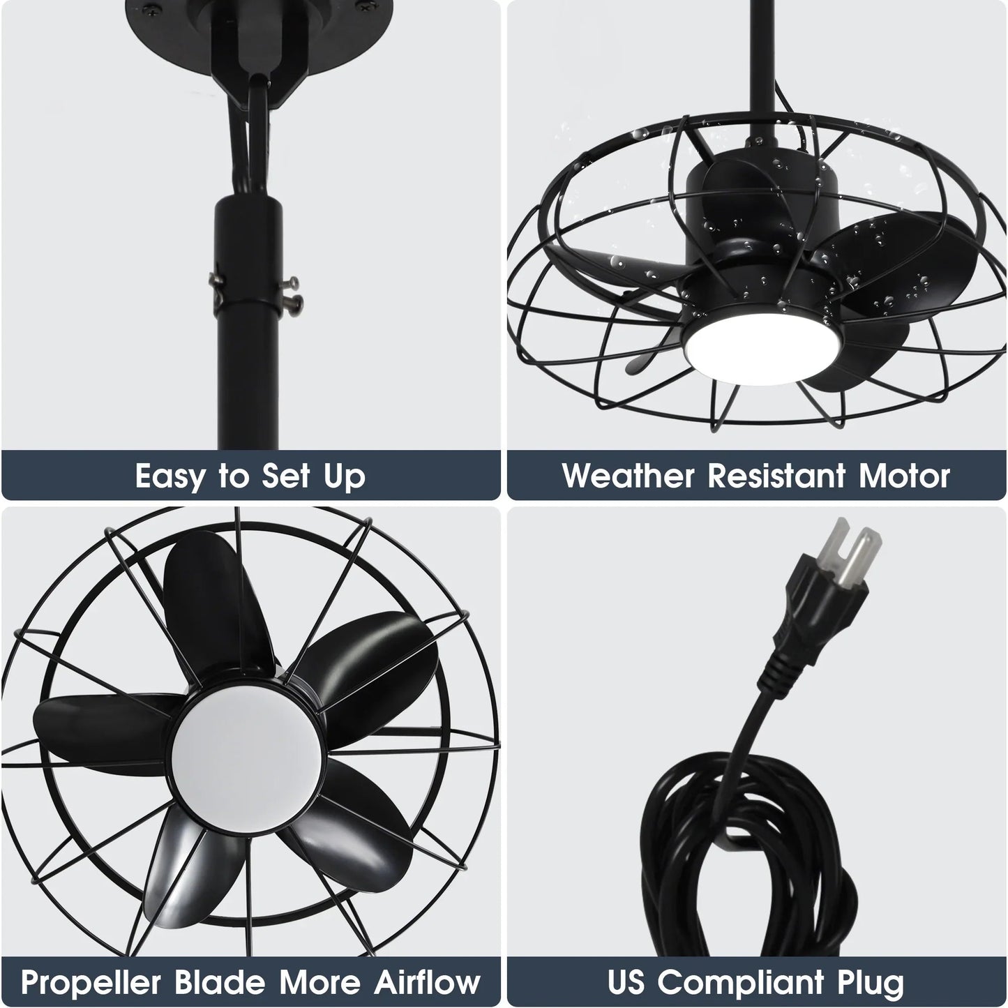 20 Inch Vistula Outdoor DC Motor Black Industrial Hanging Buckle Downrod Ceiling Fan with Light