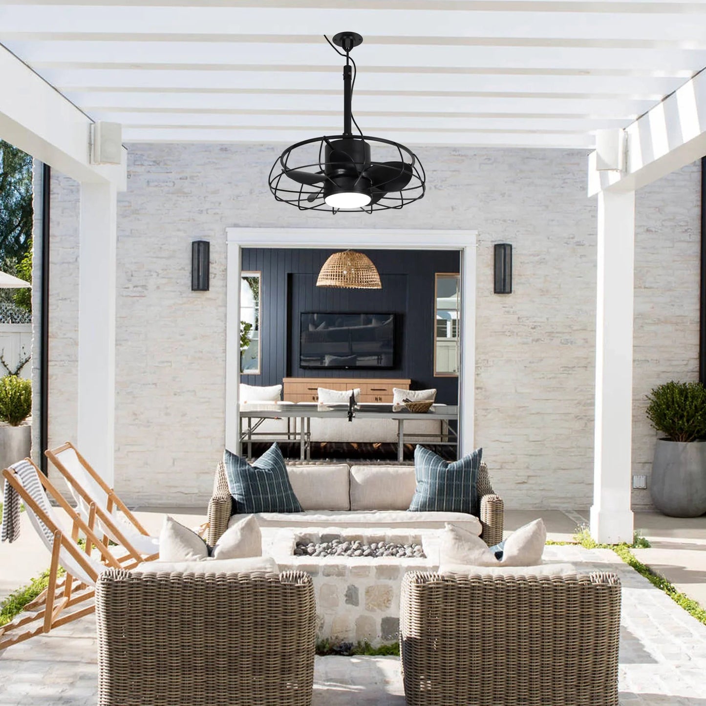 20 Inch Vistula Outdoor DC Motor Black Industrial Hanging Buckle Downrod Ceiling Fan with Light