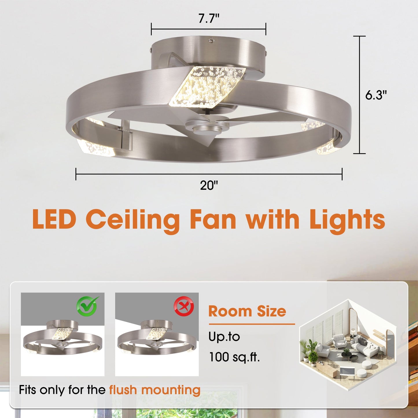 20 Inch Hazel Satin Nickel Flush Mount LED Ceiling Fan with Remote Control