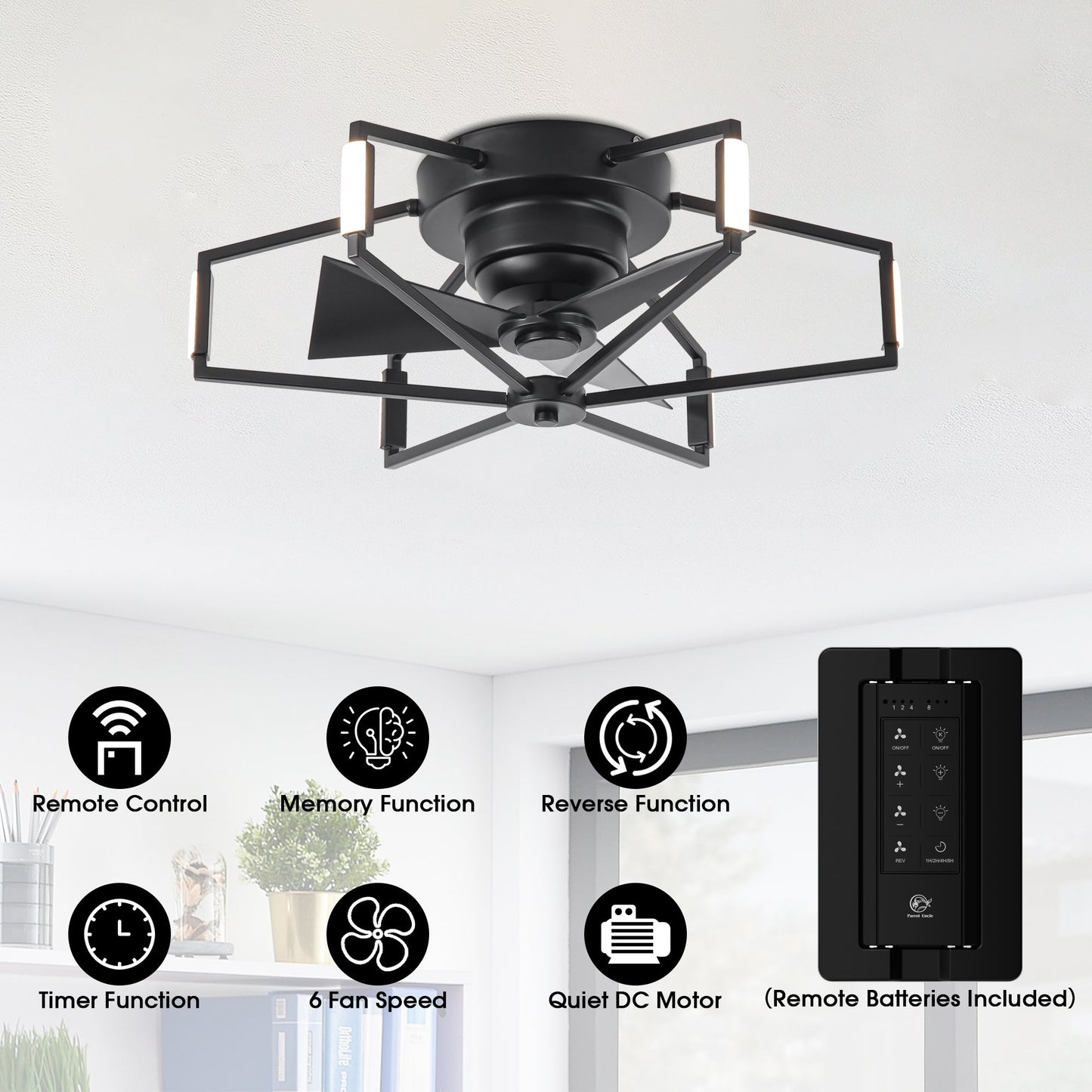 21 Inch Wade Black Industrial Flush Mount LED Ceiling Fan