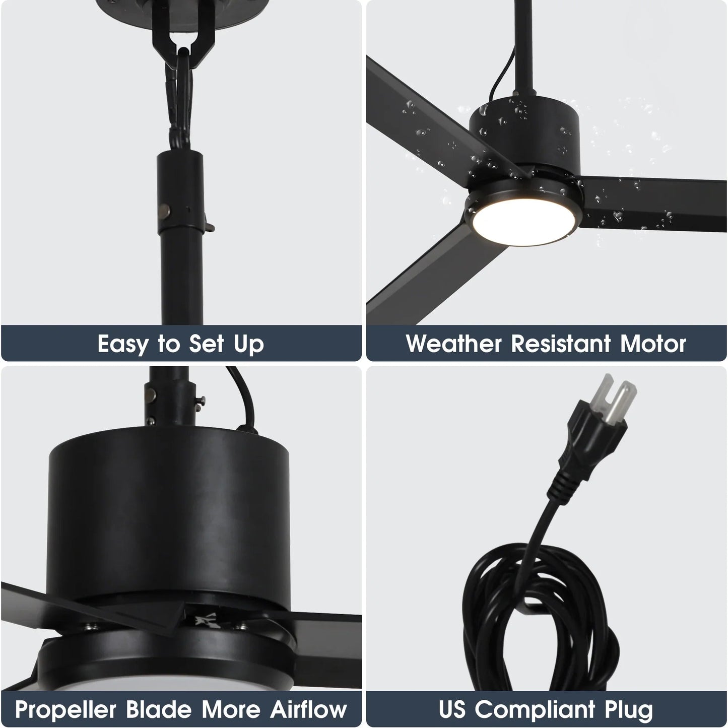 42 Inch Rhine Indoor/Wet Outdoor IP65 Black Anywhere Waterproof Ceiling Fan with LED Light and Convenient Hanging Hook