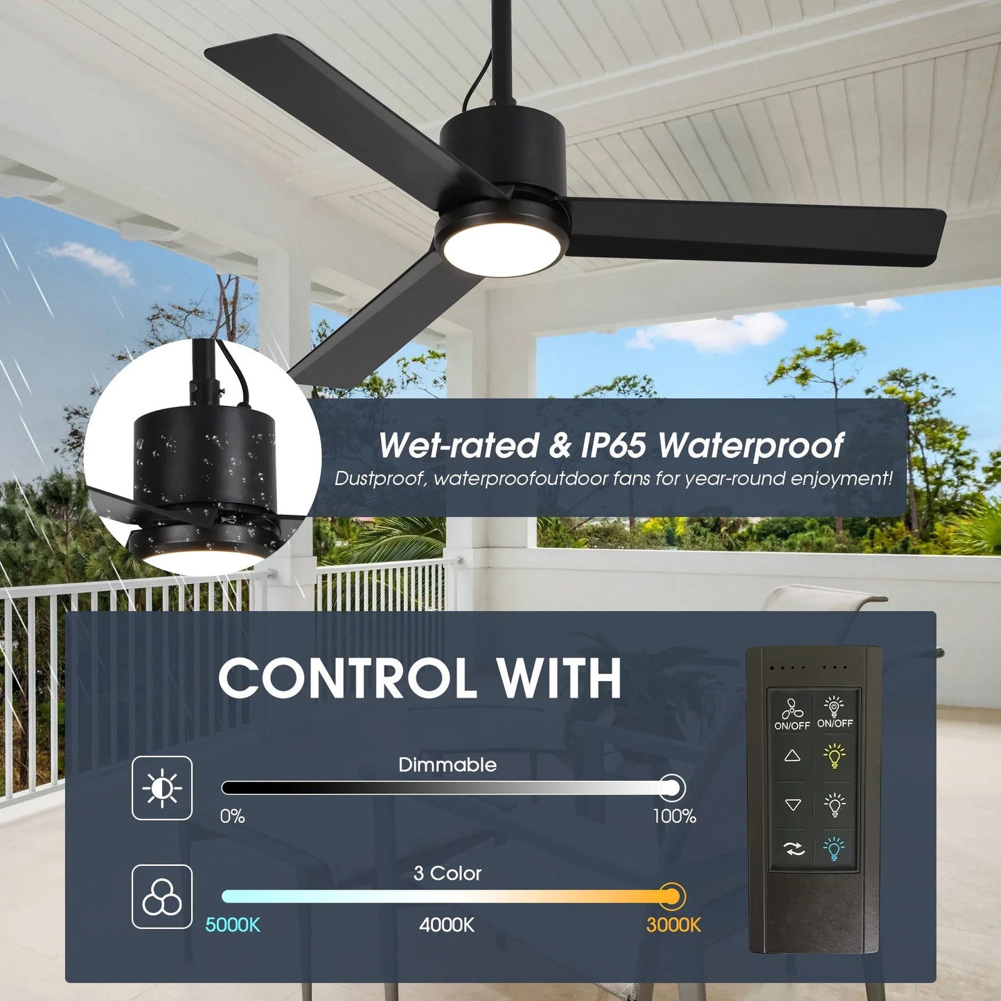 42 Inch Rhine Indoor/Wet Outdoor IP65 Black Anywhere Waterproof Ceiling Fan with LED Light and Convenient Hanging Hook