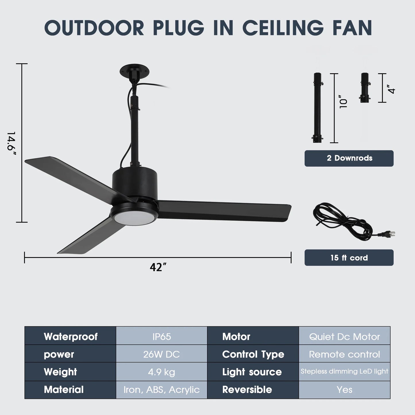42 Inch Rhine Indoor/Wet Outdoor IP65 Black Anywhere Waterproof Ceiling Fan with LED Light and Convenient Hanging Hook