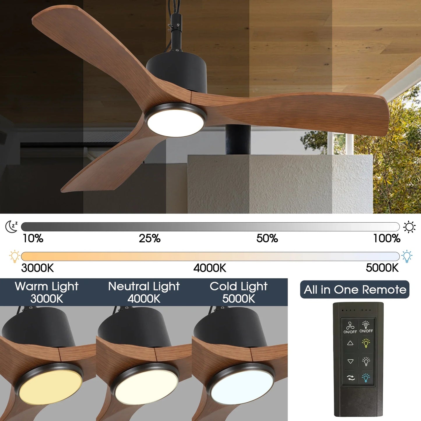 42 Inch Patio Guard IP65 Outdoor DC Motor Black Modern Hanging Buckle Downrod Ceiling Fan with Light