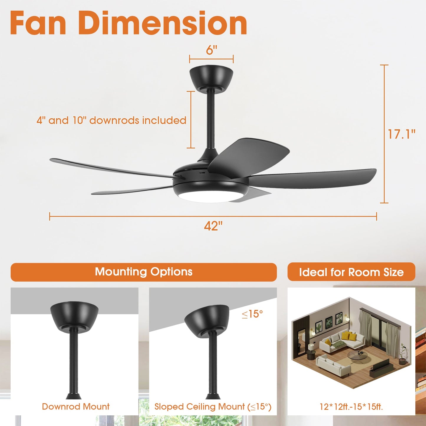 42 Inch Gladys Modern Black LED Ceiling Fan with Remote Control