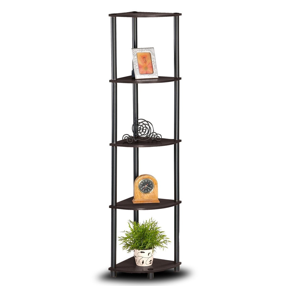 5-Tier Corner Display Shelf Bookcase in Espresso & Black