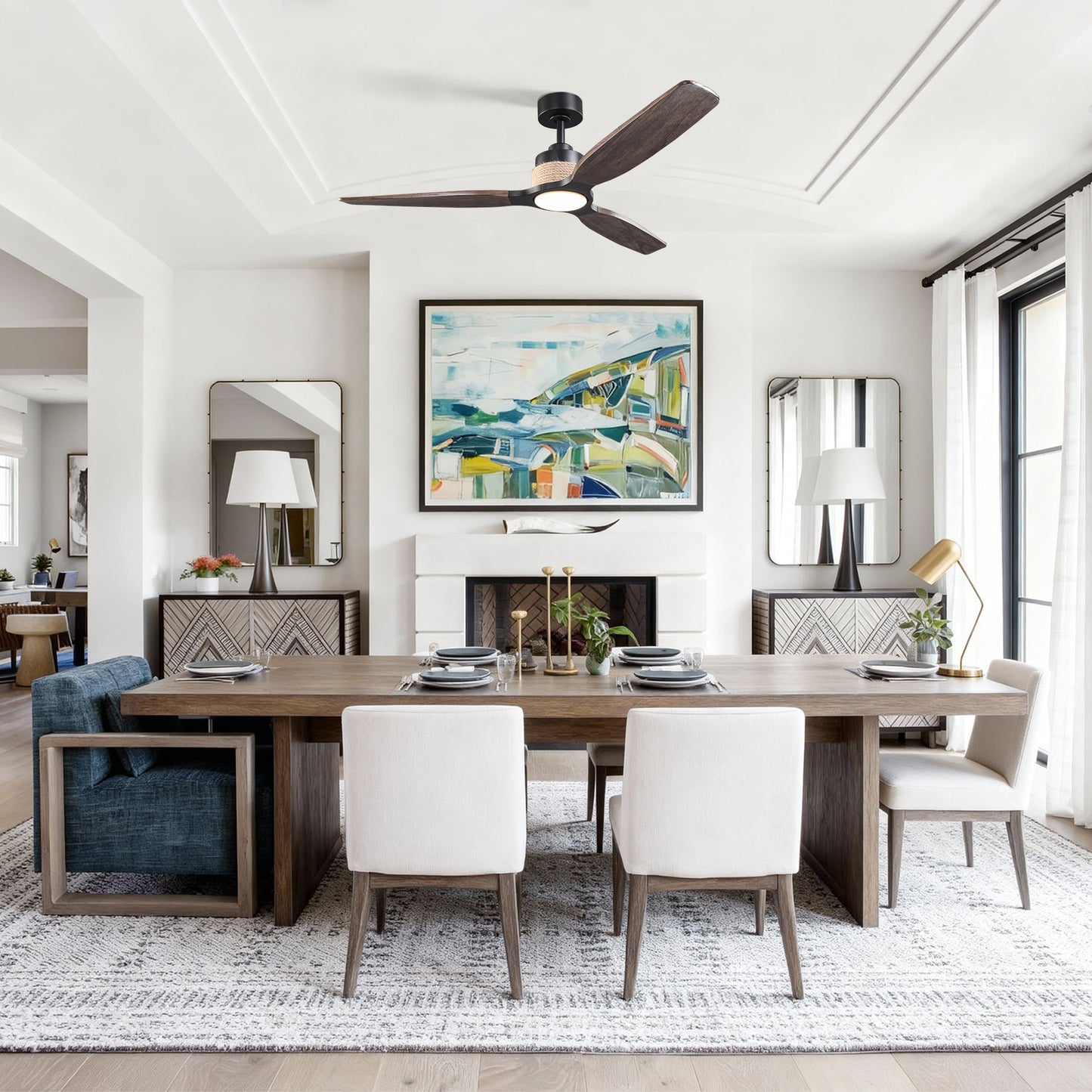 56 Inch Louise Downrod Mount LED Wood Blades Ceiling Fan with Remote Control