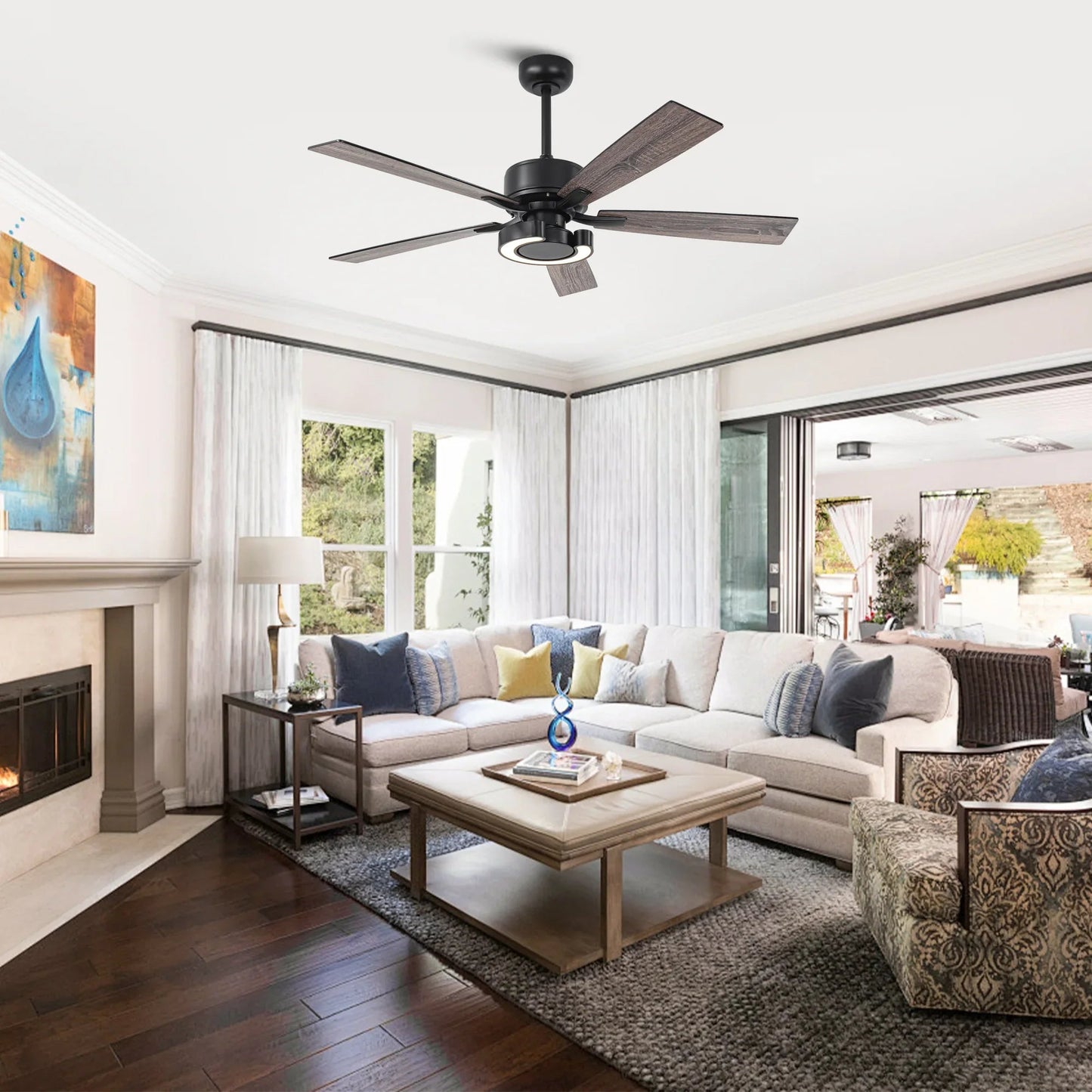 52 Inch Arlen Double-sided Blades Downrod Mount LED Ceiling Fan with Remote Control