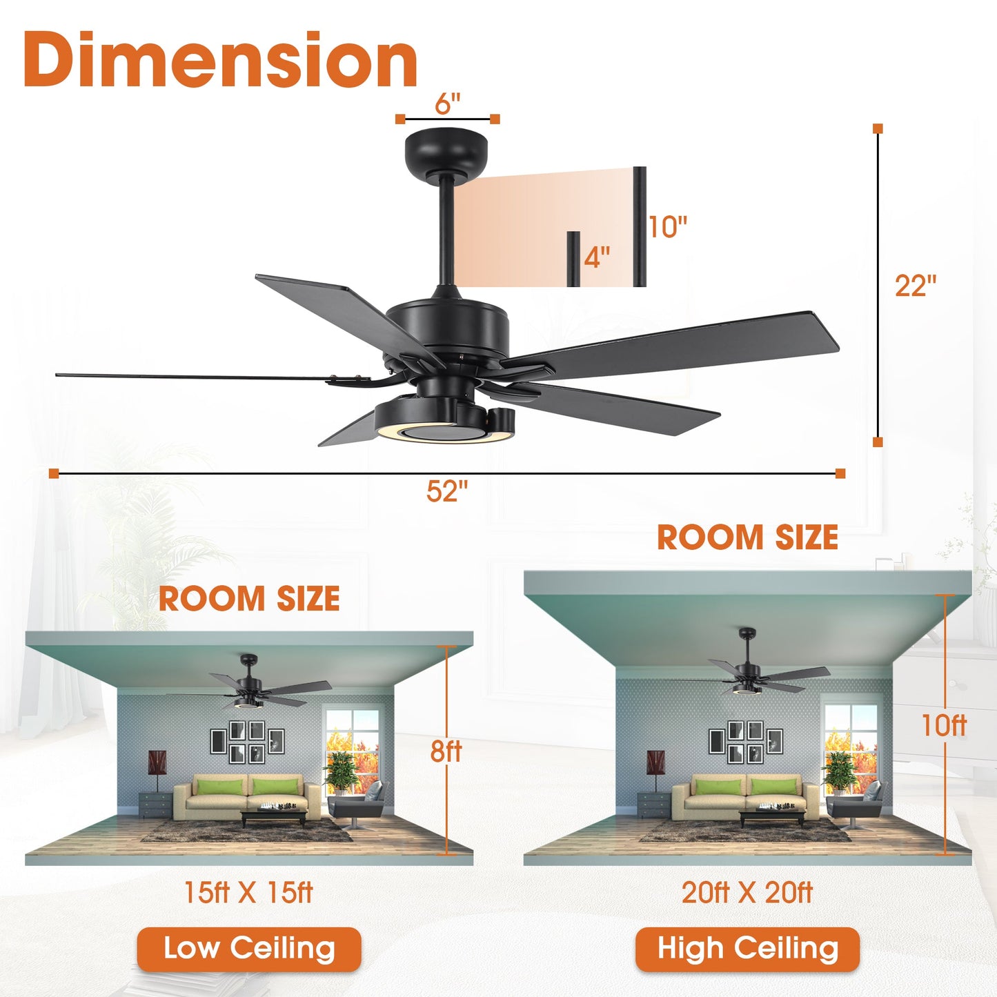 52 Inch Arlen Double-sided Blades Downrod Mount LED Ceiling Fan with Remote Control