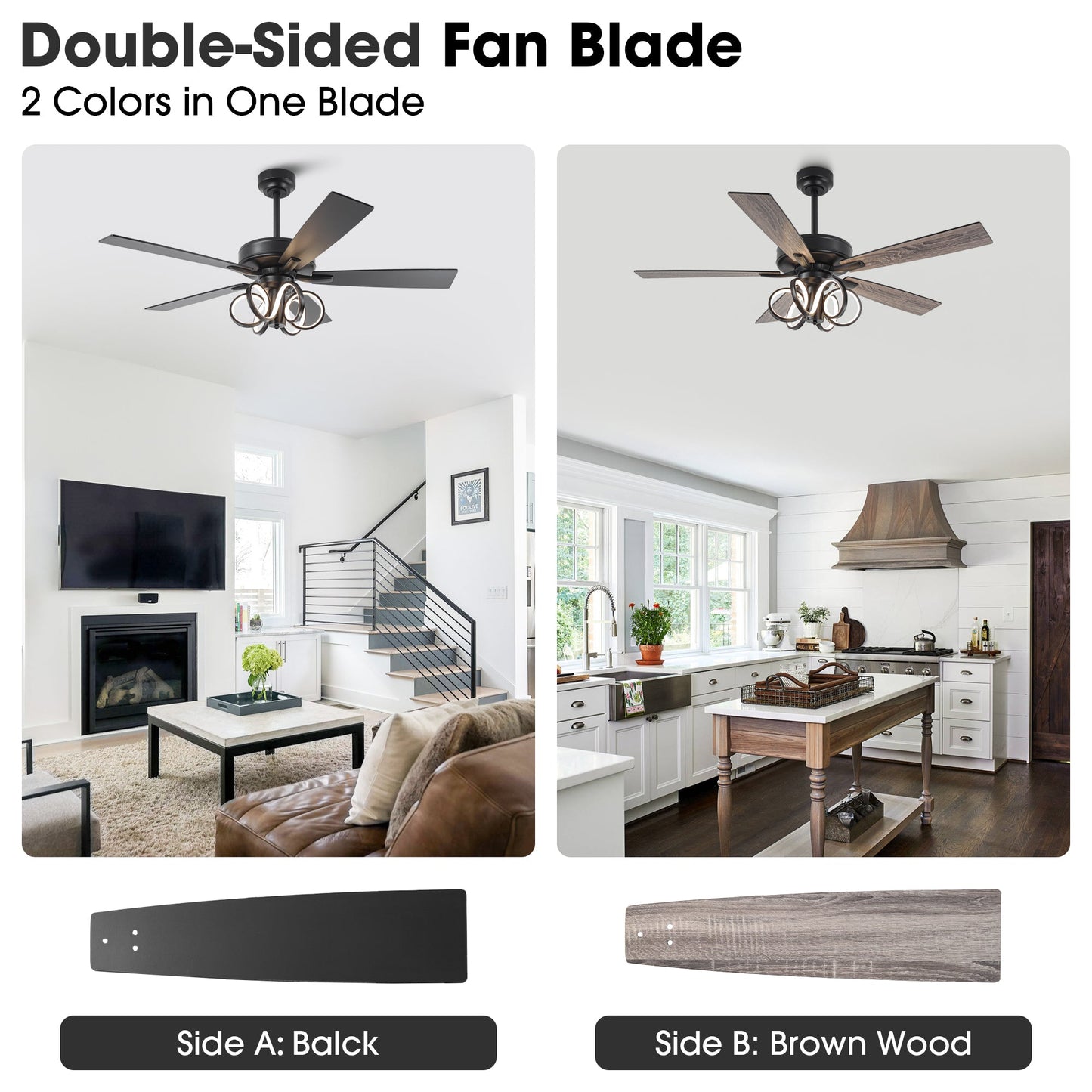 52 Inch Levi Double-sided Blades Downrod Mount LED Ceiling Fan with Remote Control