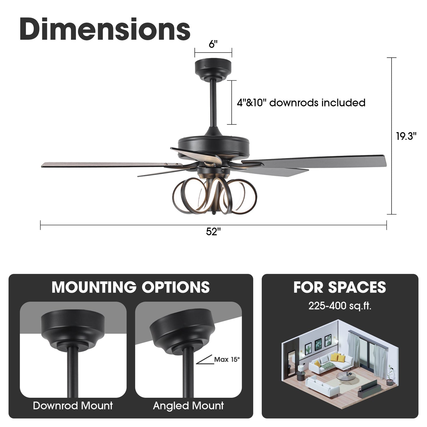 52 Inch Levi Double-sided Blades Downrod Mount LED Ceiling Fan with Remote Control